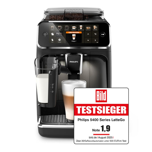 Philips Espressomaschine der Serie 5400 – Genießen Sie 12 Getränke, schnell reinigendes LatteGo, intuitives TFT-Display, anpassbare Kaffeeeinstellungen, erstklassiges Küchendesign (EP5441/50)