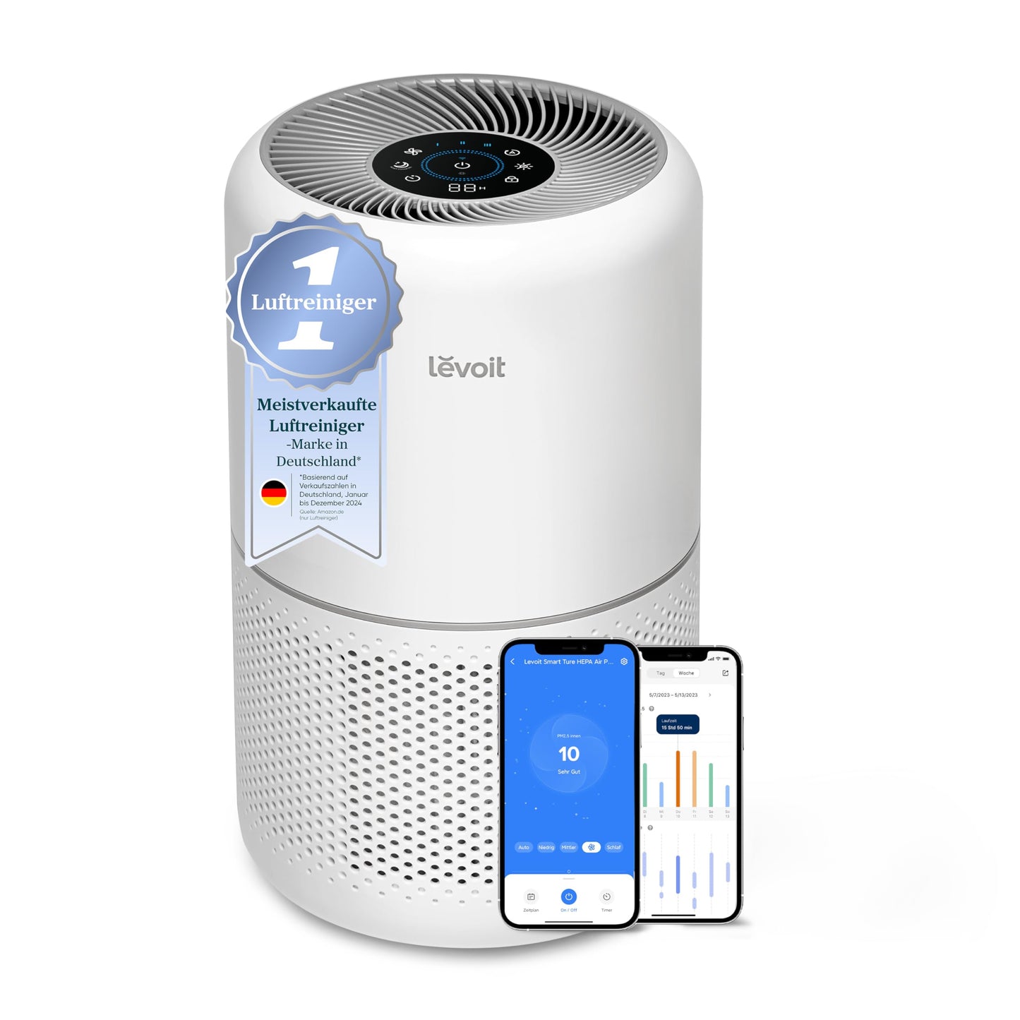 LEVOIT Luftreiniger mit HEPA Luftfilter gegen 99,97 Prozent Schimmel Staub Pollen Tierhaare, Luftqualitäts-Feedback und Auto-Modus, CADR 240m³/h für Raucherzimmer, Air Purifier 22dB Schlafmodus Timer