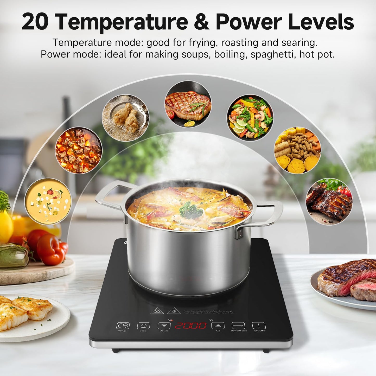Induktionskochfeld 1 Platte, AMZCHEF Kochplatte Induktion mit ultradünnem Design, 20-Temperaturstufen und 20-Leistungseinstellung, 2000W Induktionskochplatte mit 3-Stunden-Timer, Sicherheitsschloss