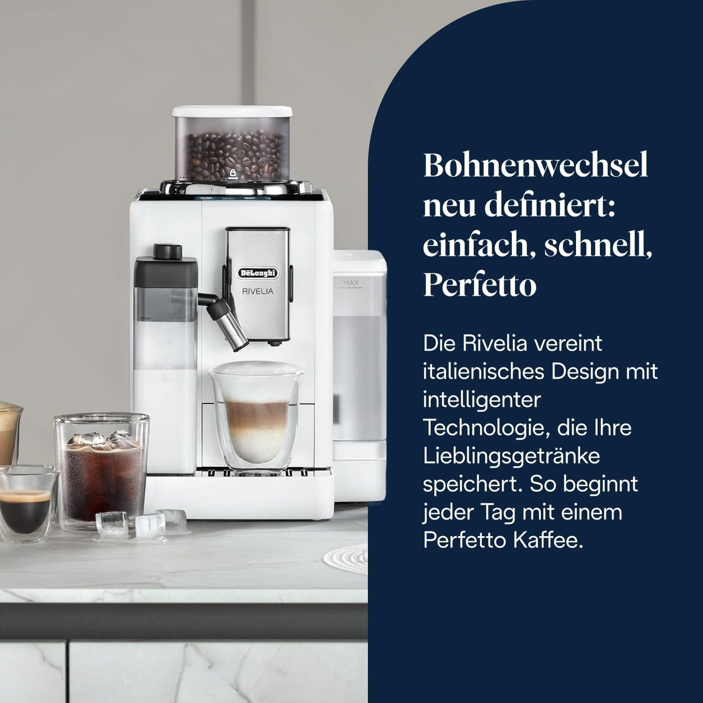 De’Longhi Rivelia EXAM440.55.W Kaffeevollautomat | LatteCrema | 16 Getränke | Touch-Display | Weiß