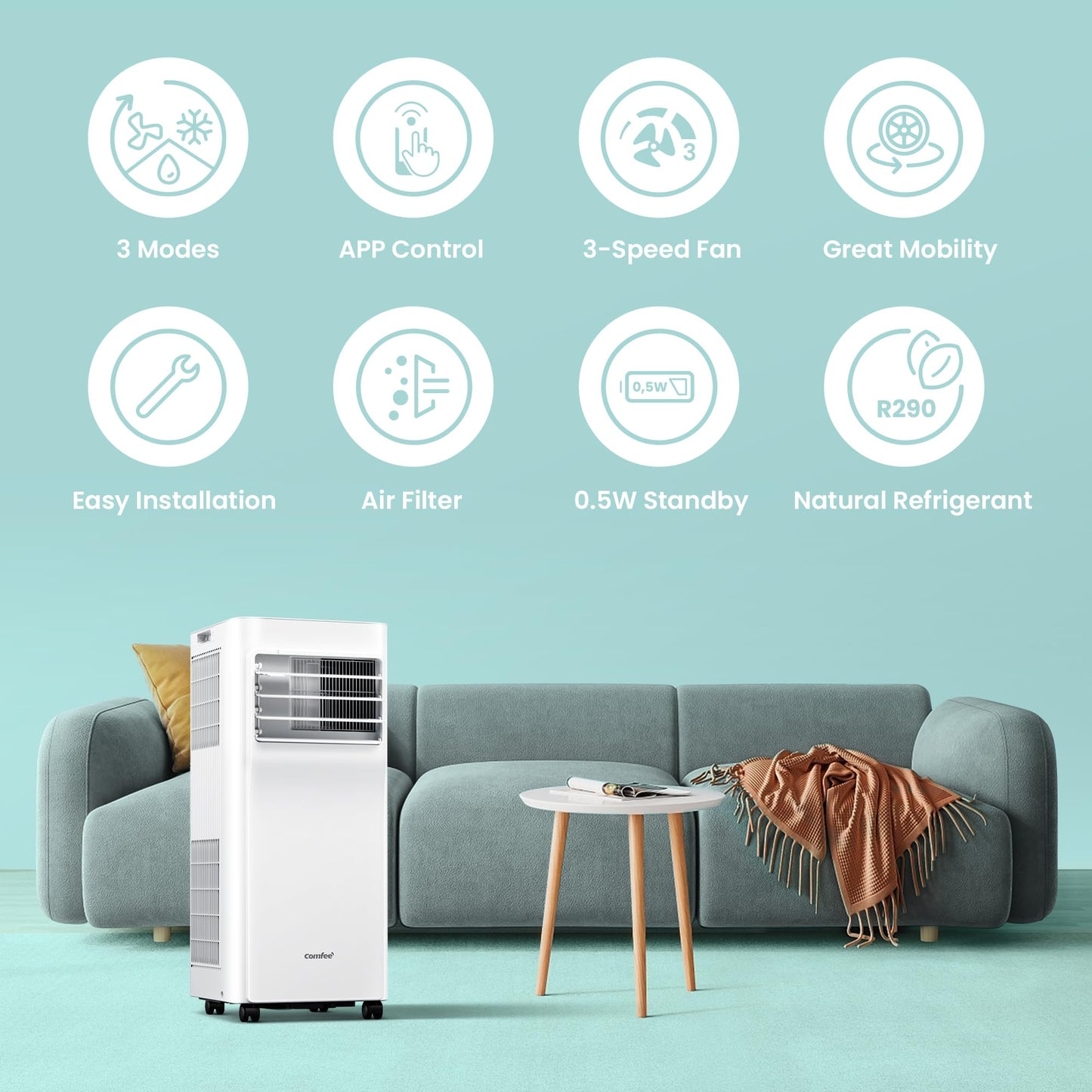 Comfee Mobiles Klimagerät Breezy Cool Pro 2.0,7000 BTU 2,0kW, Kühlen&Ventilieren&Entfeuchten,APP-Steuerung,Raumgröße bis 68m³(25㎡)，Mobile Klimaanlage mit Abluftschlauch,