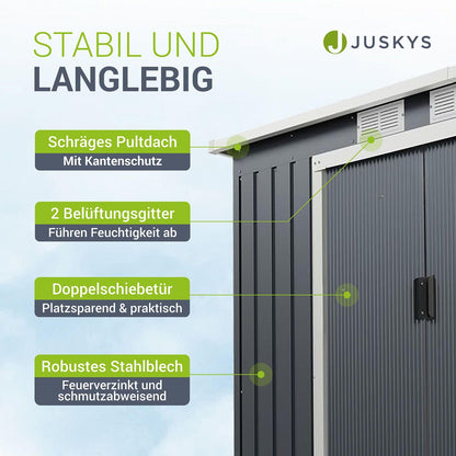 Juskys Metall Gerätehaus M 4m³ mit Pultdach, Schiebetür & Fundament - 213 x 130 x 173 cm - anthrazit - Geräteschuppen Gartenhaus Schuppen Stahl