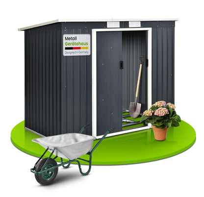 Juskys Metall Gerätehaus M 4m³ mit Pultdach, Schiebetür & Fundament - 213 x 130 x 173 cm - anthrazit - Geräteschuppen Gartenhaus Schuppen Stahl