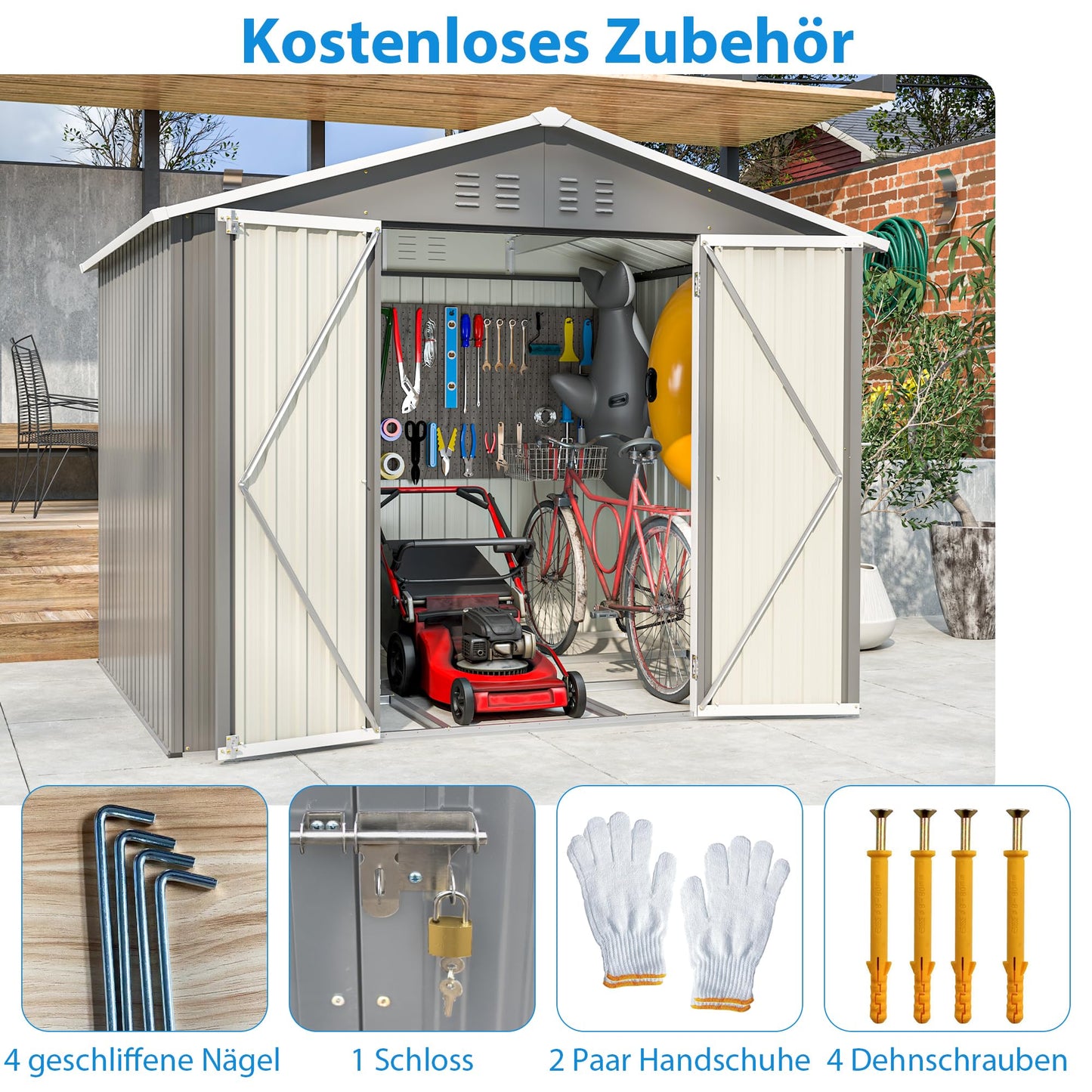 Thanaddo Metall Gerätehaus 9m³ Gerätehaus mit Pultdach,Gartenhaus Geräteschuppen Garten Schuppen Inkl. Metallfundament (ohne Boden), Geräteschrank für Garten,Grau
