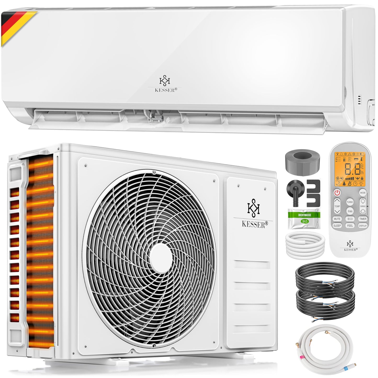 KESSER® Klimaanlage SET Split - mit WiFi/App Funktion Klimagerät - Kühlen A++/ Heizen A+ -12000 BTU/h (3.400 Watt) Sehr Leise, Kältemittel R32 - Fernbedienung, Timerfunktion - Inkl. Montagematerial