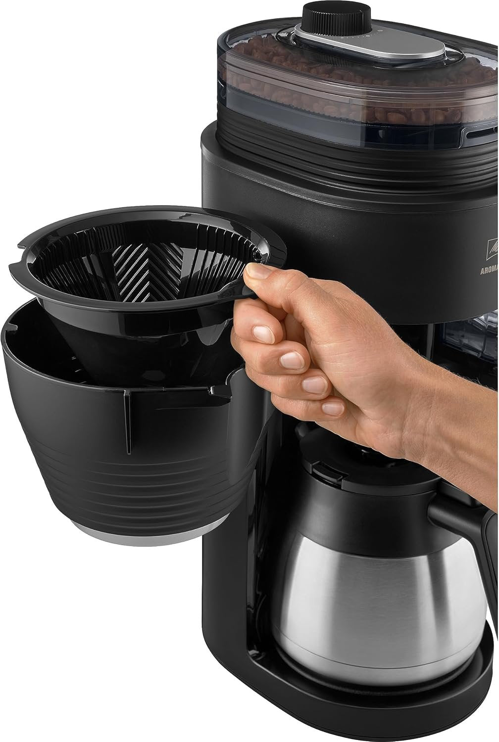 Melitta AromaFresh Therm Pro X Filterkaffeemaschine | Keramikmahlwerk | Thermoskanne | Timer | Schwarz