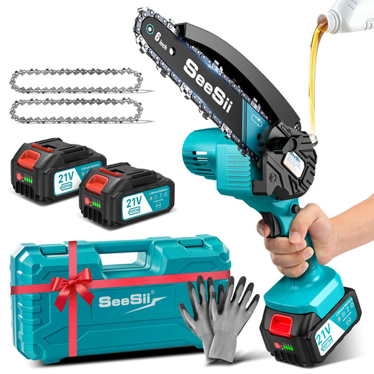 SEESII Mini Kettensäge mit Akku 8000mAh 6 Zoll, Akku Kettensäge mit Automatischer Öler und Ersatzkette, Handkettensäge Akku für Gartenscheren Astschere Holzschneidenz