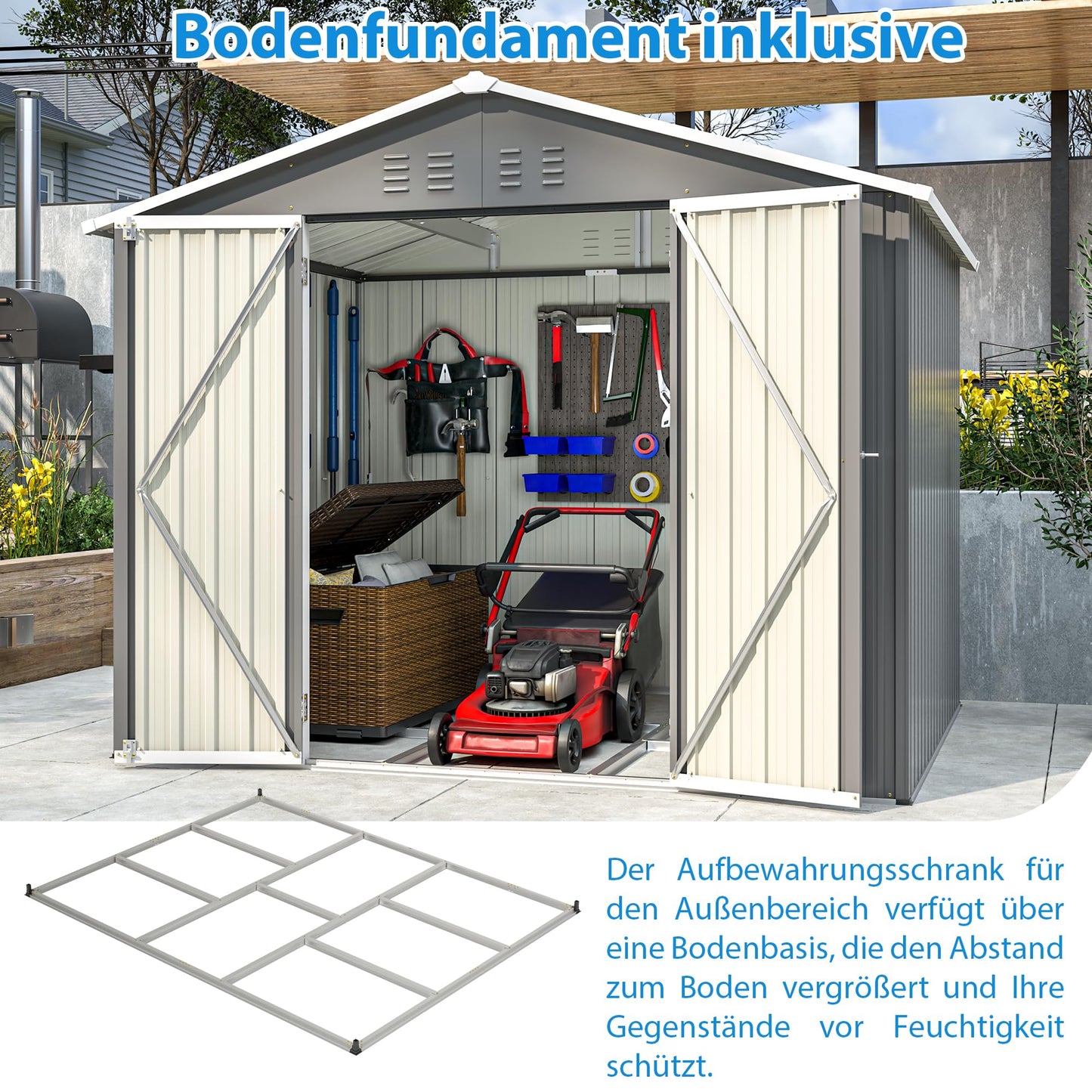 Thanaddo Metall Gerätehaus 9m³ Gerätehaus mit Pultdach,Gartenhaus Geräteschuppen Garten Schuppen Inkl. Metallfundament (ohne Boden), Geräteschrank für Garten,Grau